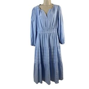 Merokeety Women's Dress Blue 100% Cotton Pockets V Neck Long Sleeves Maxi Size L